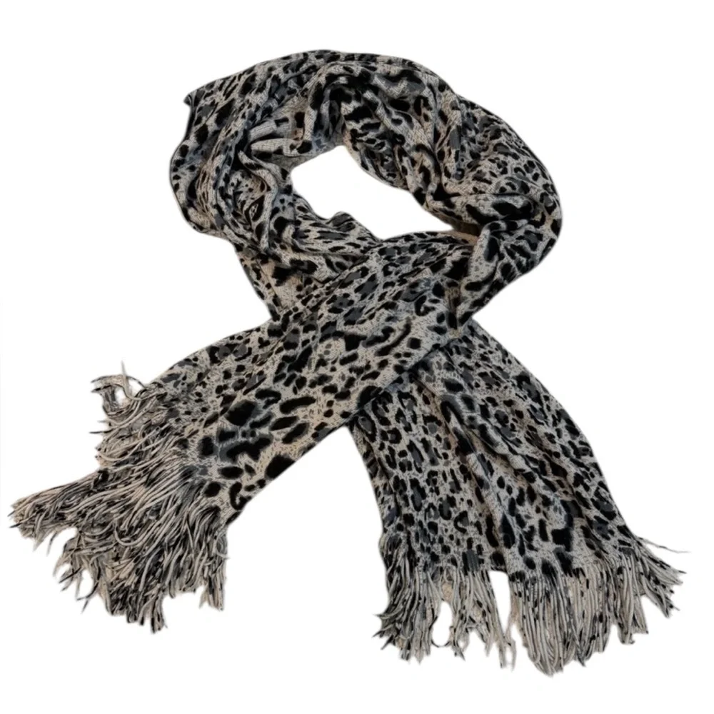RIKKA Leopard Print‎ Fringe Scarf – Gray & Black – 72” x 25”